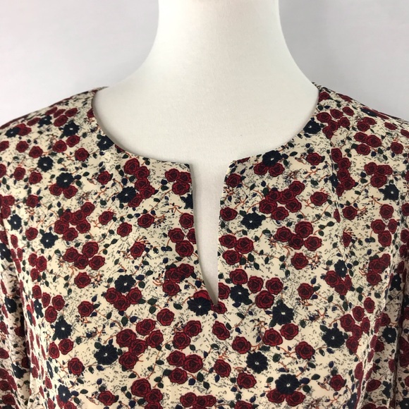 DR2 Cream Red Blue Floral Print Long Sleeve Notch Neck Blouse Size M - Picture 3 of 15
